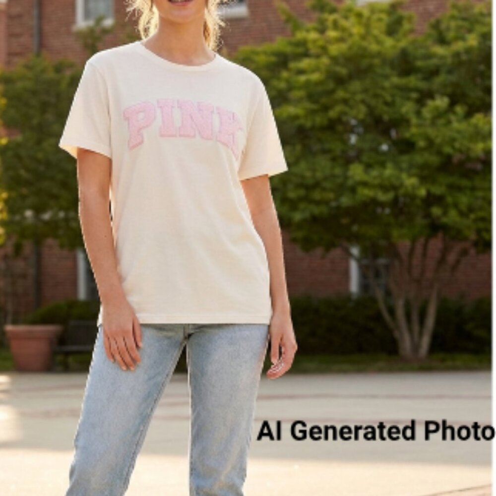 NWT PINK Victoria's Secret Campus Cotton Tee XS Cream Pink Lace Logo